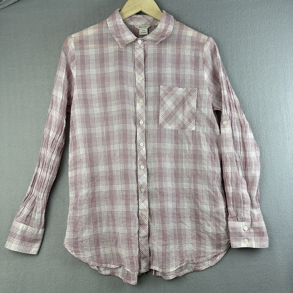 Ariat Women's L Pink Plaid Long Sleeve Button Up Western Ranch Cotton Shirt